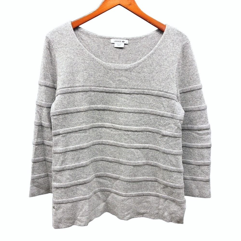 Lacoste Striped Knit Sweater Womens L Gray Cashmere Blend Scoop Neck Pullover